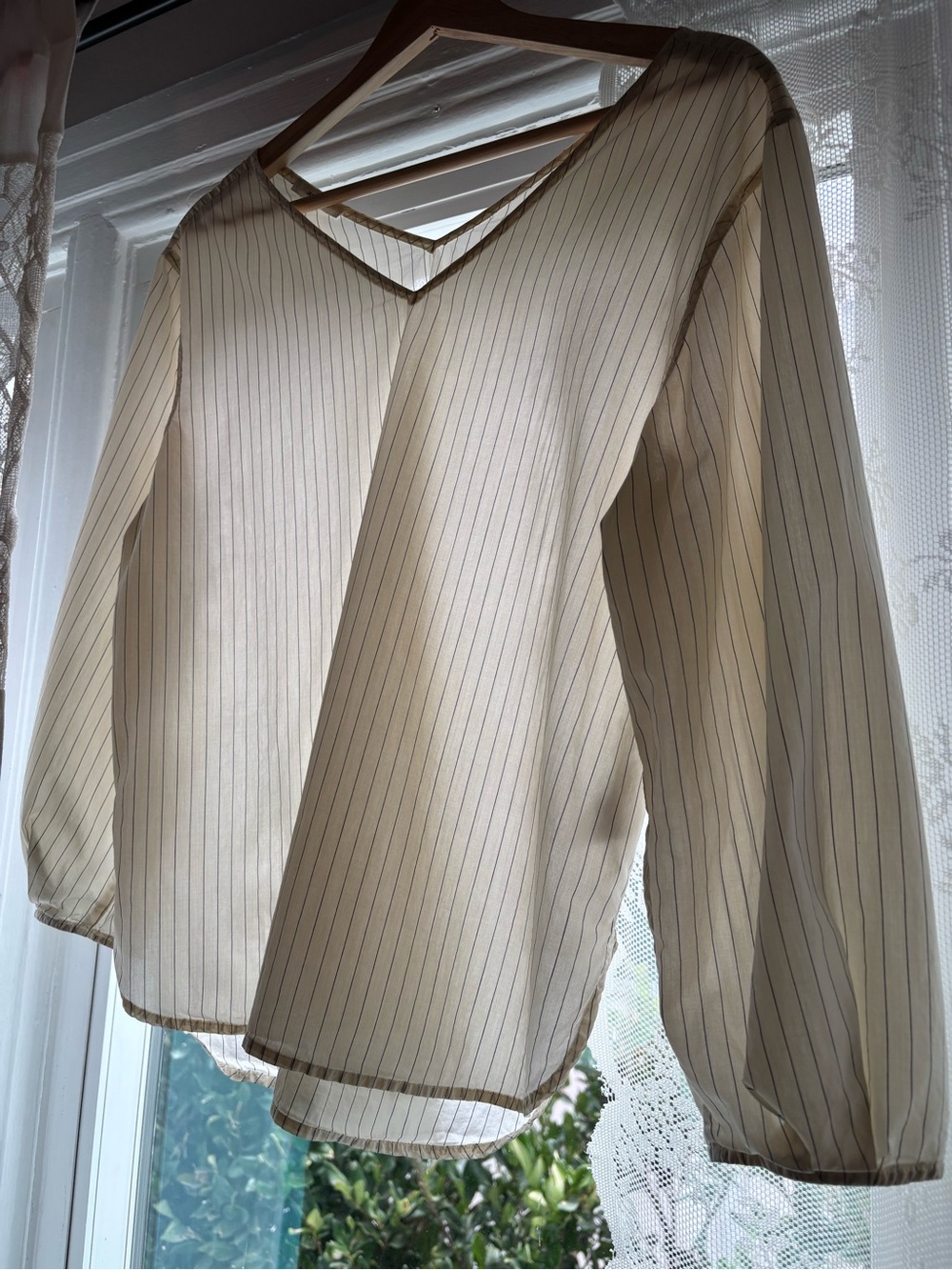 Japanese Cotton Sheer Pinstripe V-Neck Blouse 100% cotton in Cream - Picture 8 of 8